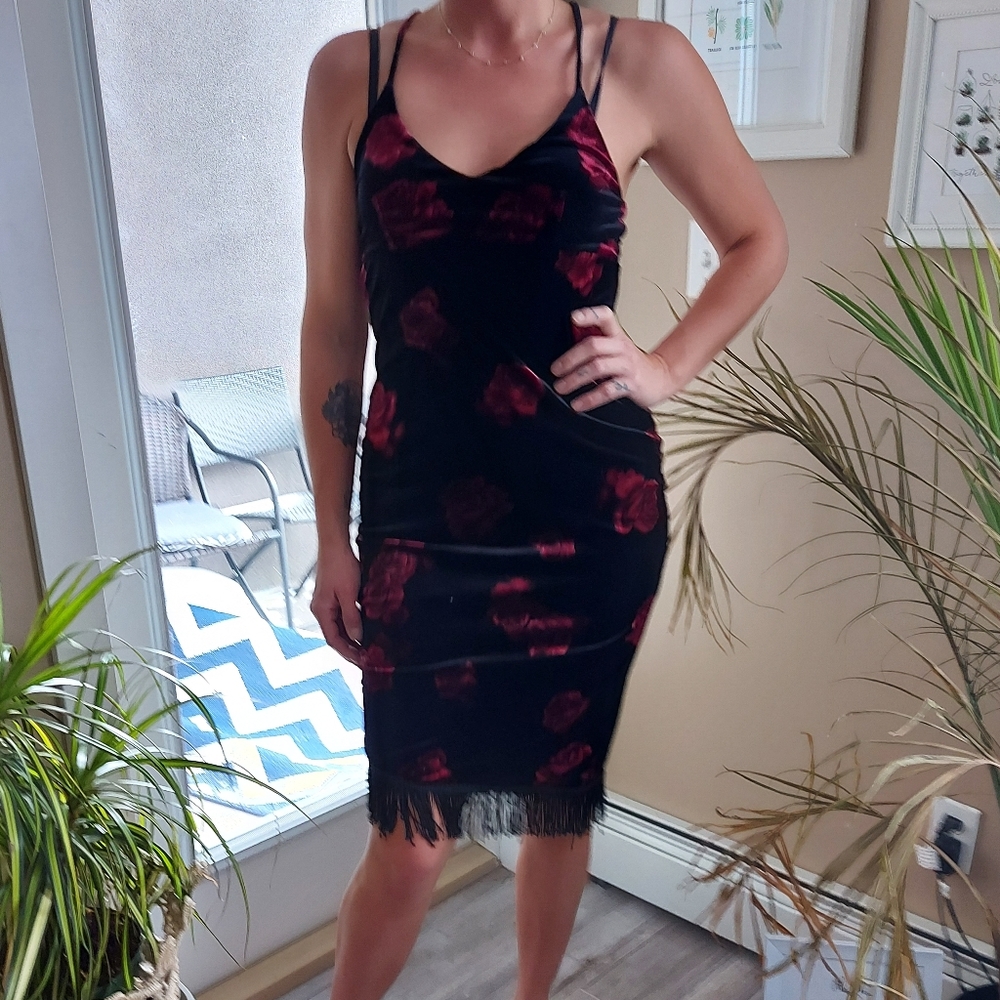 Vintage 90s velvet floral dress fringe asymmetrica